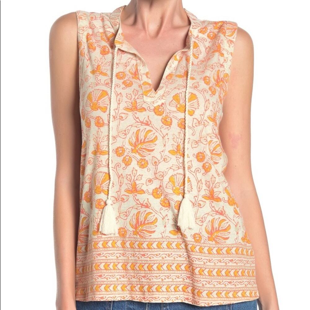 Lucky Brand Woodblock Print Tank Linen Blend Sleeveless Size Small NEW